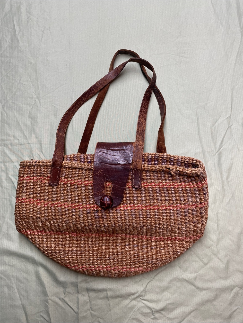 Woven Straw Tote Bag with Brown Leather Straps and Closer